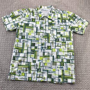 Columbia Sportswear PFG Shirt Men Medium M White Green Button Up All Over Print